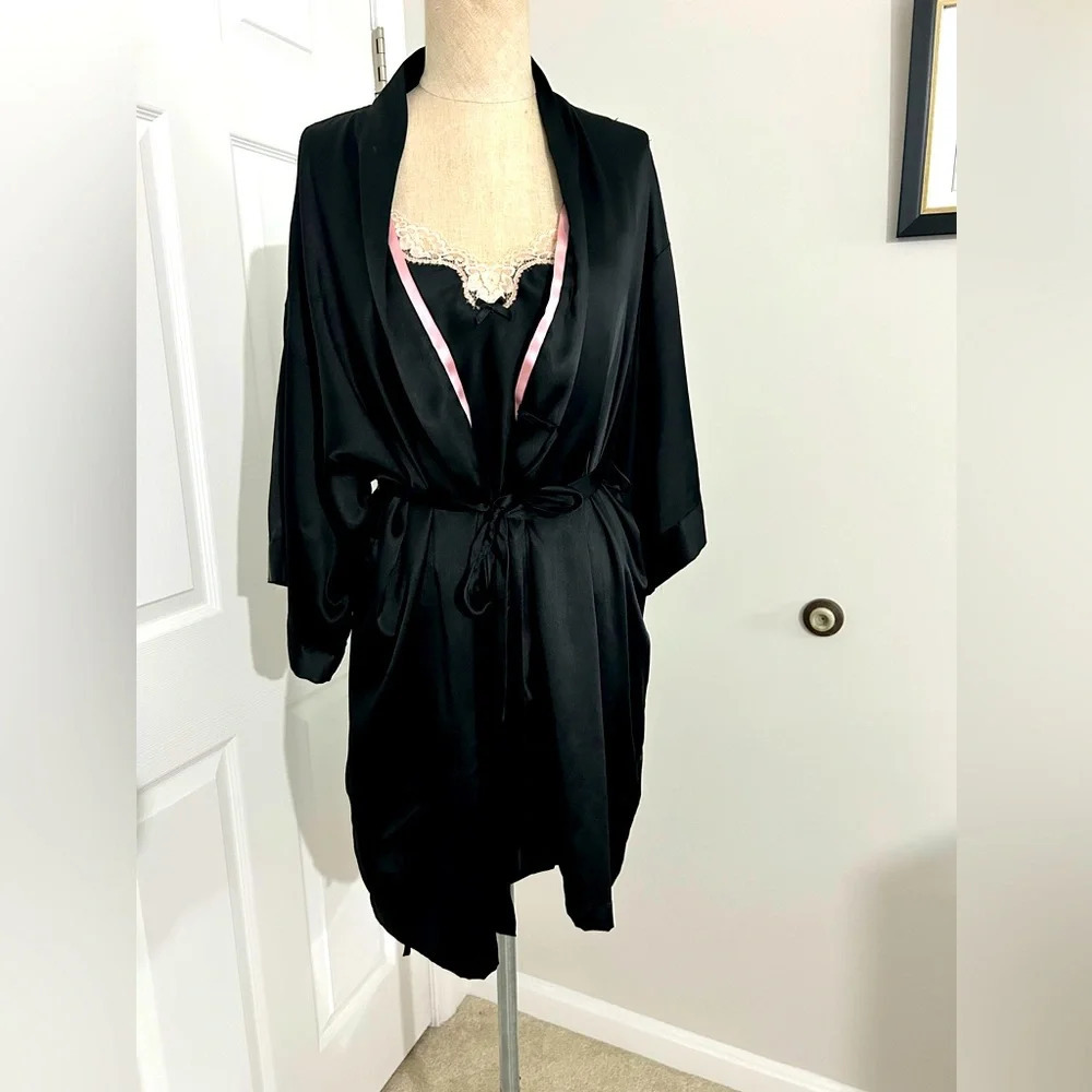 Victoria’s Secret Black silk Satin robe plus a Lace Satin slip Dress. Size S
